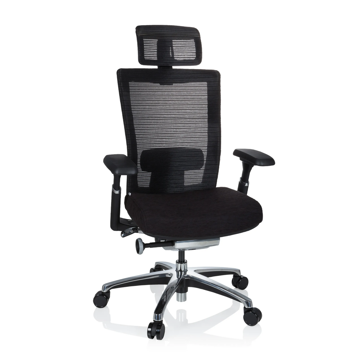 Silla alta gama NOVA PRO I negra con respaldo de malla y base de cinco ruedas de hjh OFFICE – vista de 360° (vista frontal 20°)