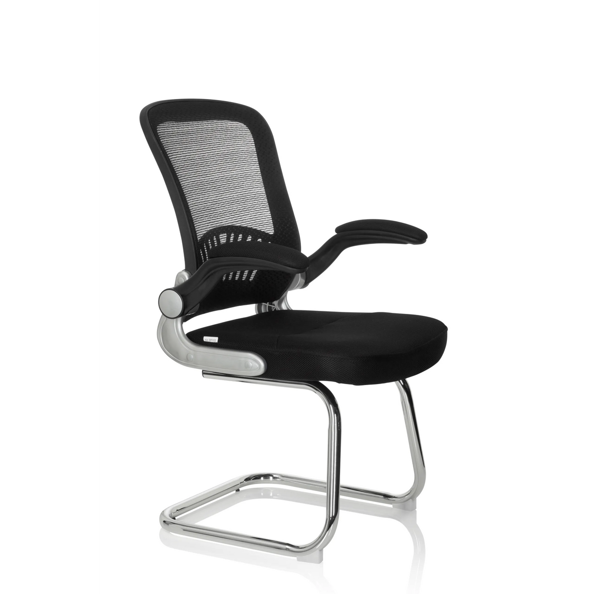 Silla de viga voladiza FLYER PRO V negra con respaldo de malla, reposabrazos y estructura de patines de hjh OFFICE – vista de 360° (vista frontal en diagonal 60°)