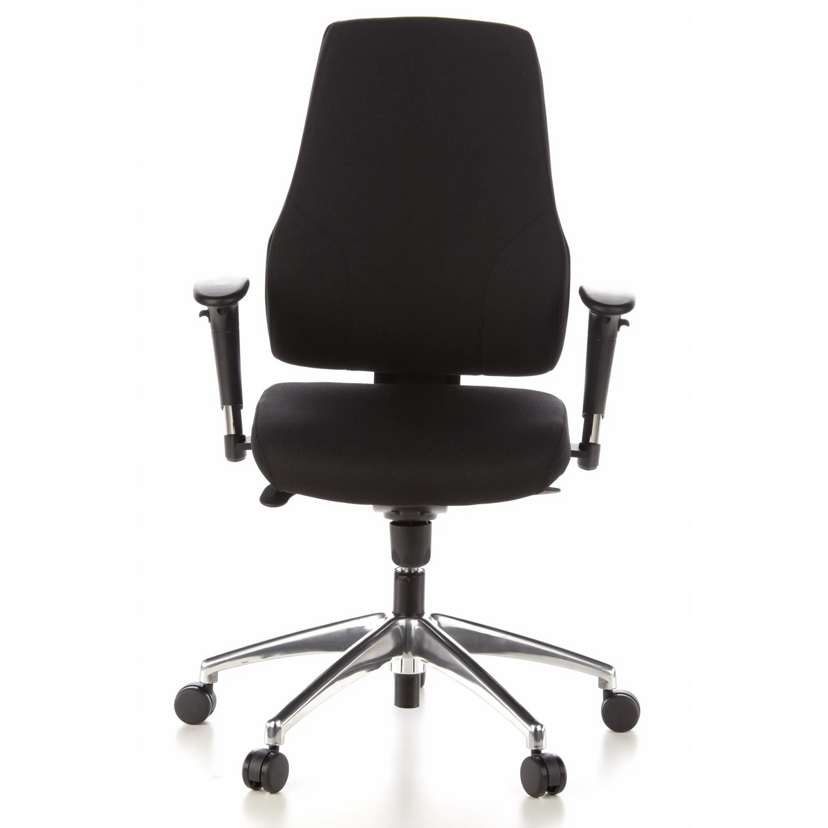 Silla de oficina profesional PRO-TEC 200 negra con reposabrazos y una base de cinco ruedas de hjh OFFICE – vista de 360° (vista frontal 0°)