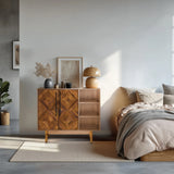 Cómoda SANTJAGO WOOD L de madera marrón oscuro con patrón geométrico y estantes abiertos de hjh LIVING