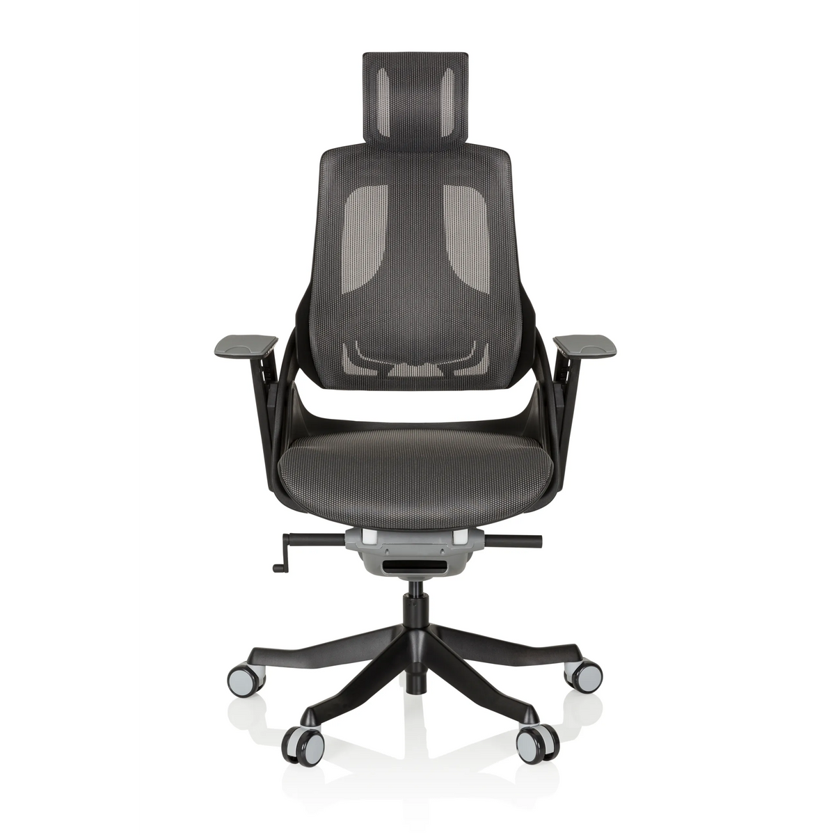 Silla de oficina profesional SPEKTRE BLACK en gris y negro con respaldo de malla y base de cinco ruedas de hjh OFFICE – vista de 360° (vista frontal 0°)
