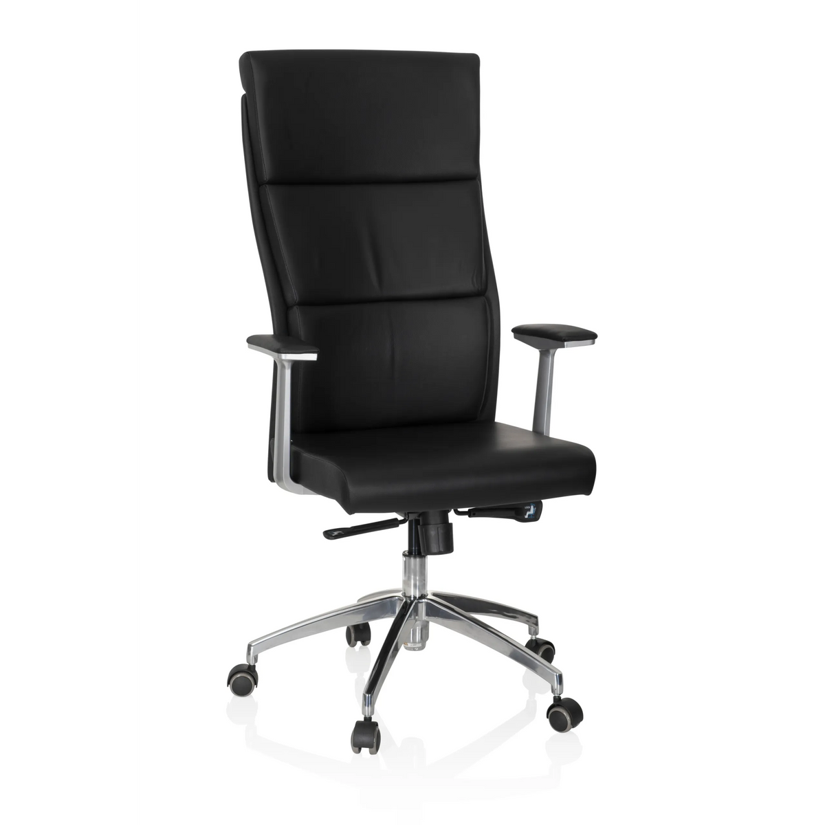 Sillón de alta gama MONZA 20 negro con reposabrazos y base de cinco ruedas de hjh OFFICE – vista de 360° (vista frontal 20°)
