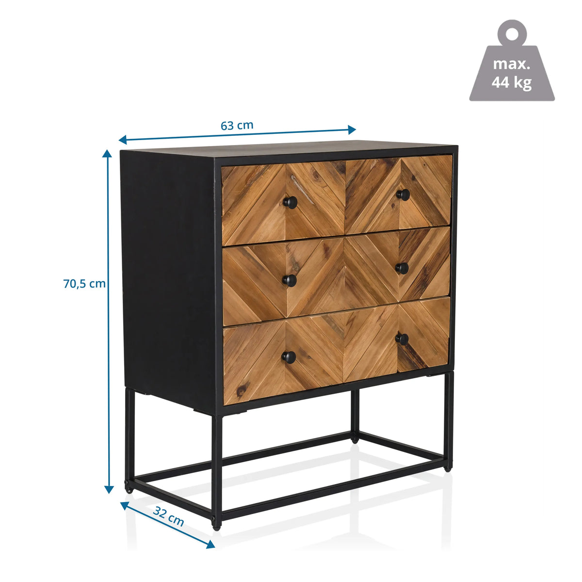 Vista de dimensiones del aparador SANTJAGO BLACK SUN L con 63 × 32 cm y una altura de 70,5 cm de hjh LIVING