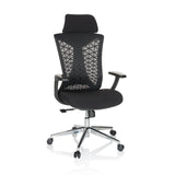 Silla de oficina profesional FALEO B negra con respaldo de malla y base de cinco ruedas de hjh OFFICE – vista de 360° (vista frontal 15°)