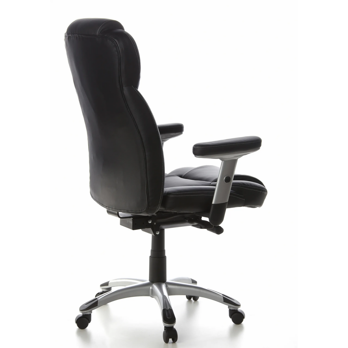 Sillón de oficina profesional EMBASSY 200 negro con reposabrazos y base de cinco ruedas de hjh OFFICE – vista de 360° (vista trasera en diagonal 120°)
