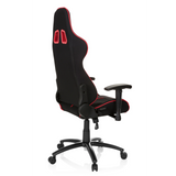 Silla gaming LEAGUE PRO I en negro y rojo con dos aberturas para el reposacabezas y base de cinco ruedas de hjh OFFICE – vista de 360° (vista trasera en diagonal 120°)