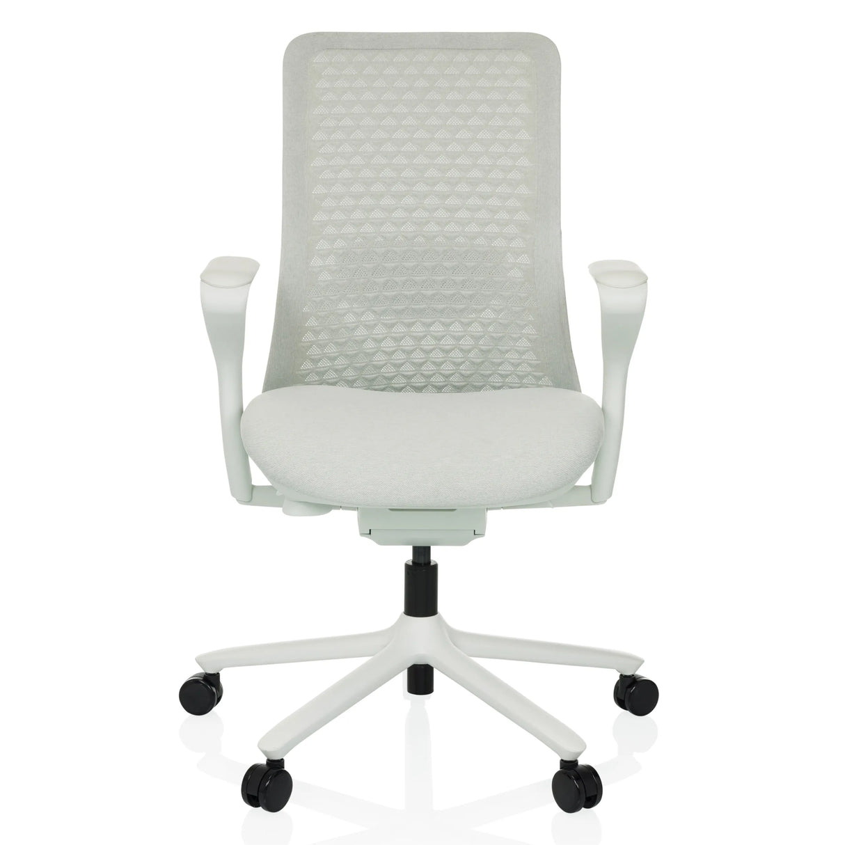 Silla alta gama VERVIO de color gris claro con respaldo de malla y base de cinco ruedas de hjh OFFICE – vista de 360° (vista frontal 0°)