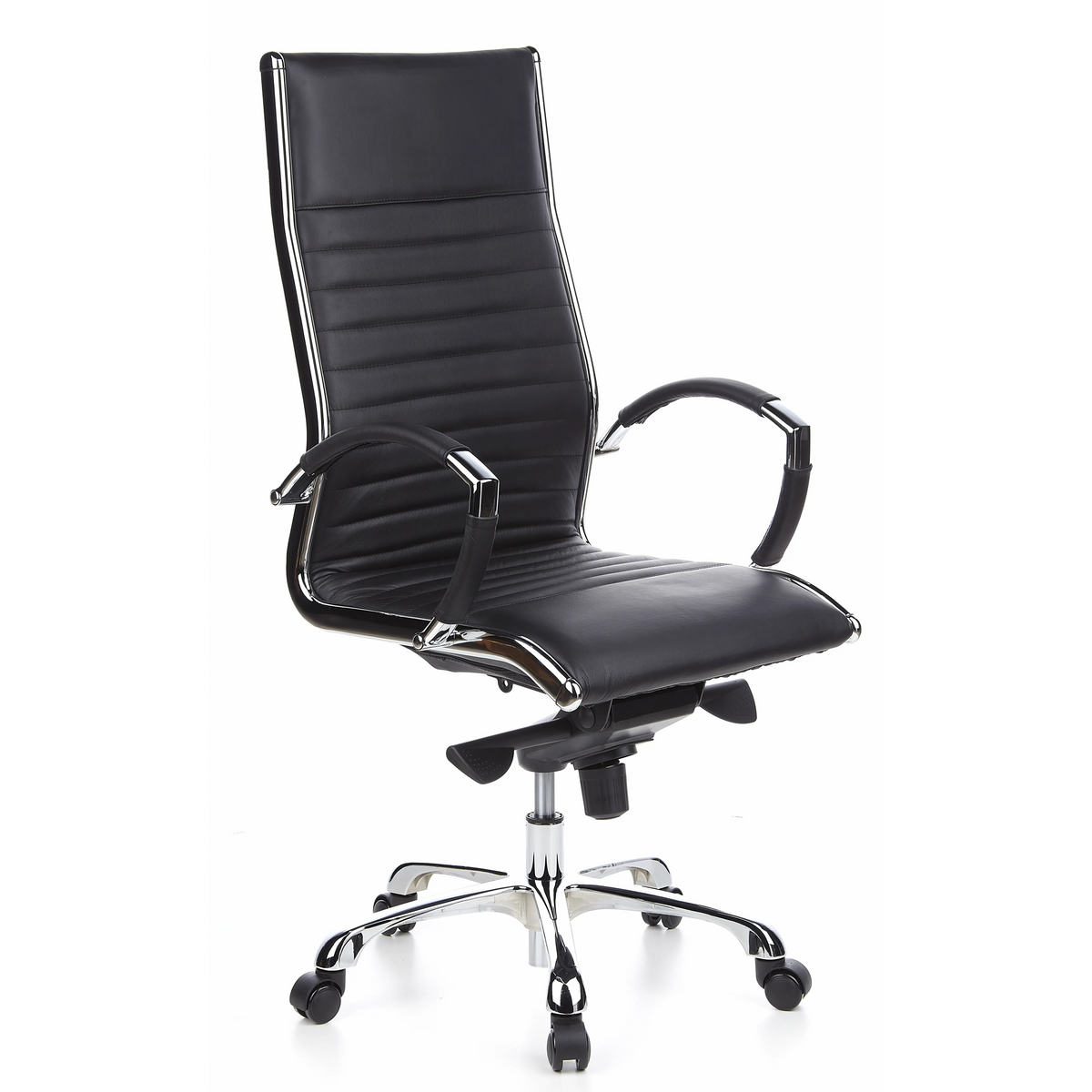 Sillón de oficina profesional PARMA 20 negro con tapicería de cuero acolchado y base de cinco ruedas de hjh OFFICE – vista de 360° (vista frontal en diagonal 40°)