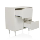 Cómoda blanca LYKKJA con dos cajones abiertos y una puerta sobre patas cónicas de hjh LIVING