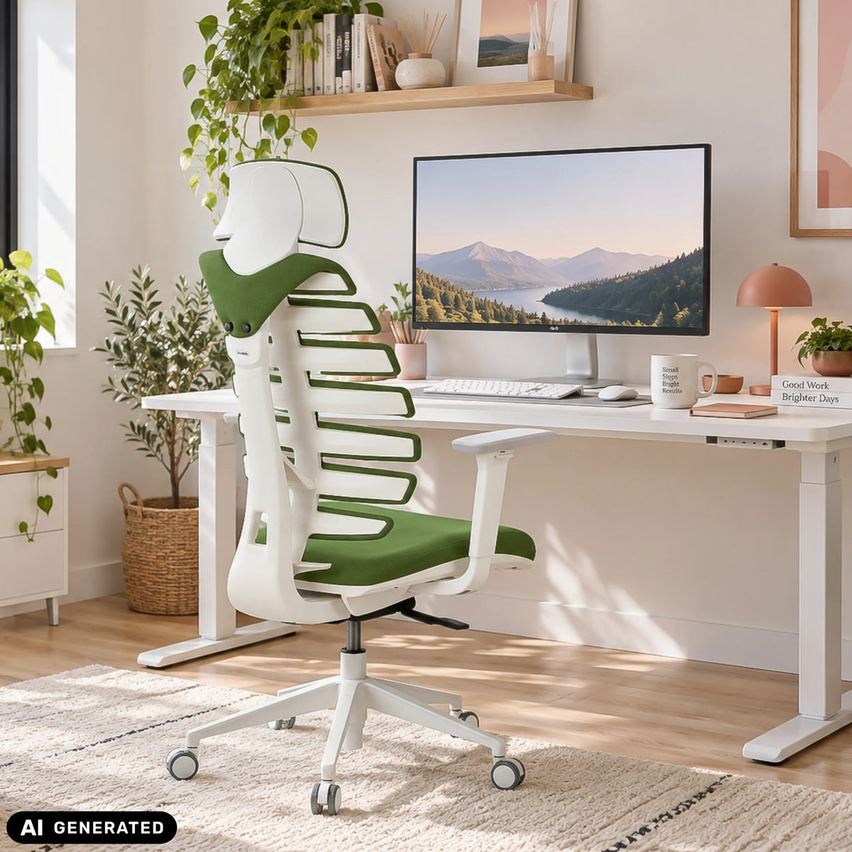 Silla de oficina profesional ERGO LINE W en Mystic Forest con estructura blanca de hjh OFFICE (imagen generada por IA)