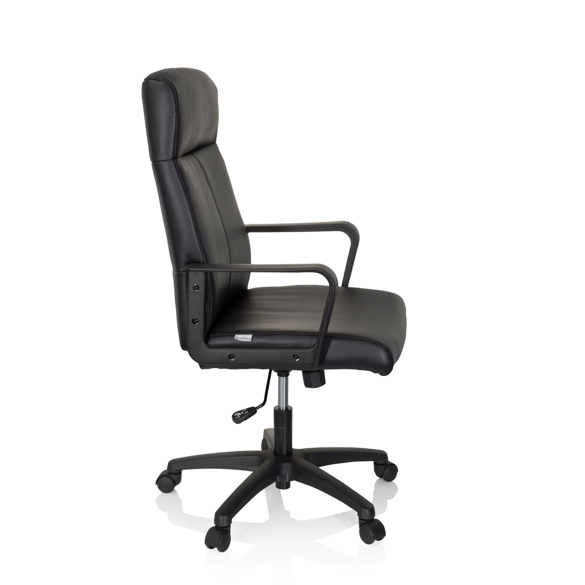 Sillón de oficina profesional LISSO negro con reposabrazos y base de cinco ruedas de hjh OFFICE – vista de 360° (vista lateral 80°)
