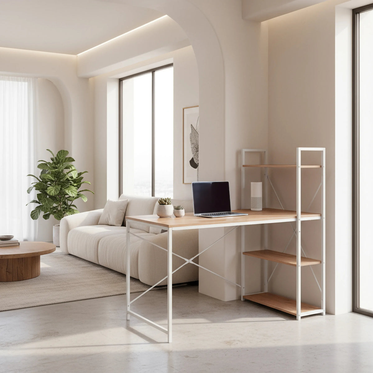 Escritorio Easy Up3 en blanco y roble con estantería integrada y un portátil sobre la superficie de hjh LIVING