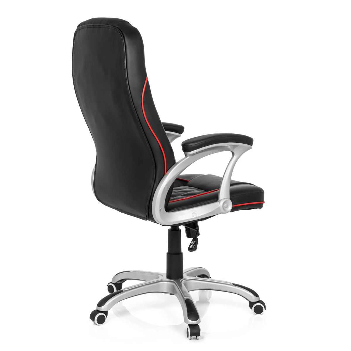 Silla gaming RELAX AB100 negra con costuras decorativas rojas, acolchado y base de cinco ruedas de MyBuero – vista de 360° (vista trasera en diagonal 120°)