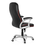 Silla gaming RELAX AB100 negra con costuras decorativas rojas, acolchado y base de cinco ruedas de MyBuero – vista de 360° (vista trasera en diagonal 120°)