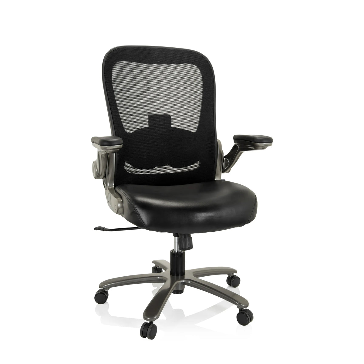 Silla giratoria XXL INSTRUCTOR T I en color negro con respaldo de malla, asiento de cuero sintético y base de cinco ruedas de hjh OFFICE – vista de 360° (vista frontal 20°)
