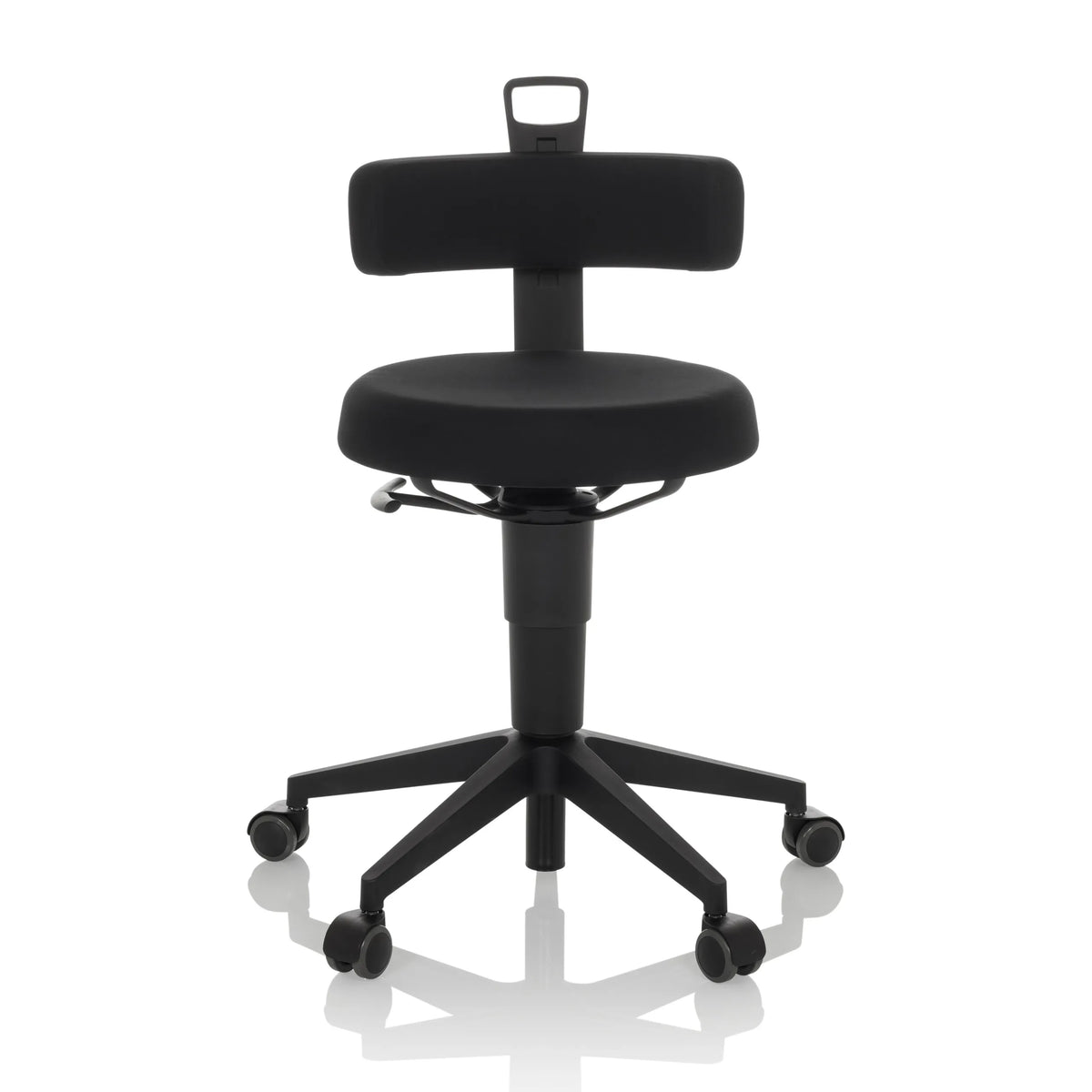 taburete giratorio negro TOP WORK FLEX con respaldo, asa y base de cinco ruedas de hjh OFFICE – vista de 360° (vista frontal 0°)