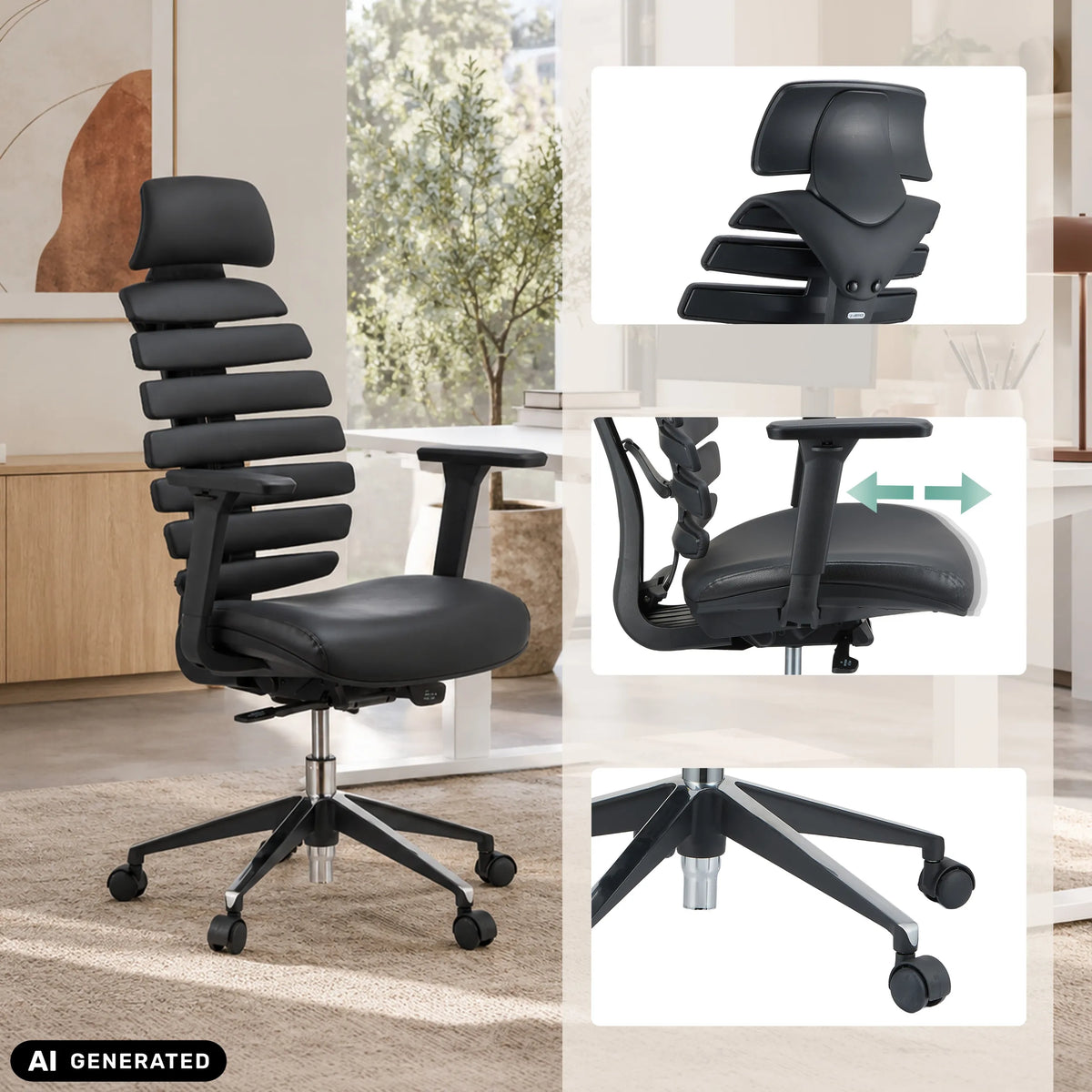 Silla de oficina profesional ERGO LINE II PRO negra de cuero con reposabrazos ajustables de hjh OFFICE (imagen generada por IA)