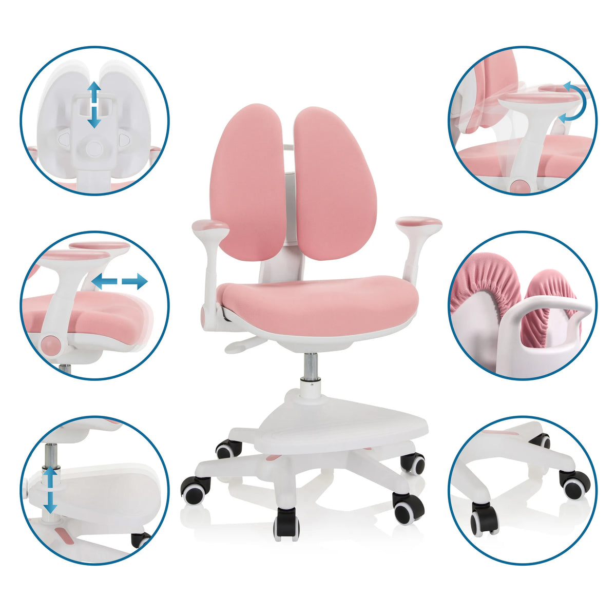Silla para niños rosa KID WING con diversas opciones de ajuste para el respaldo, los reposabrazos y la altura del asiento de hjh OFFICE