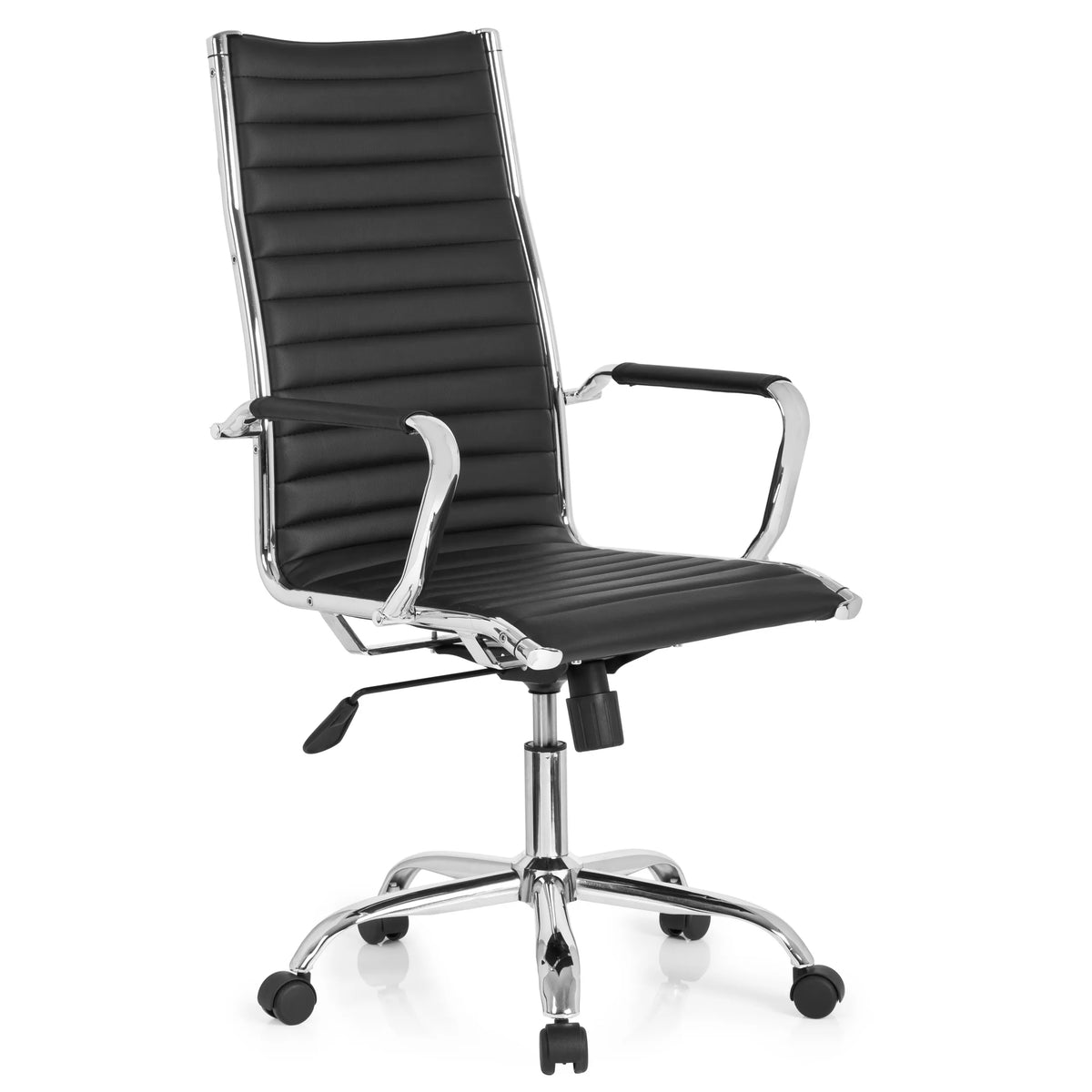 Sillón de oficina profesional VEMONA 20 negro con costuras transversales, reposabrazos y base de cinco ruedas de hjh OFFICE – vista de 360° (vista frontal en diagonal 40°)