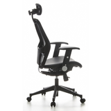 Silla de oficina profesional AIR-PORT negra con respaldo de malla, asiento de cuero y base de cinco ruedas de hjh OFFICE – vista de 360° (vista lateral 100°)
