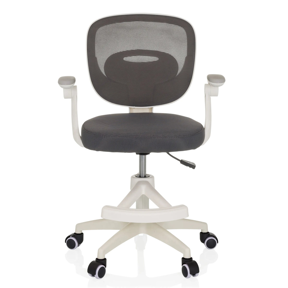 Silla giratoria para niños KIDDY SMART gris con respaldo de malla y base blanca de cinco ruedas de hjh OFFICE – vista de 360° (vista frontal 0°)