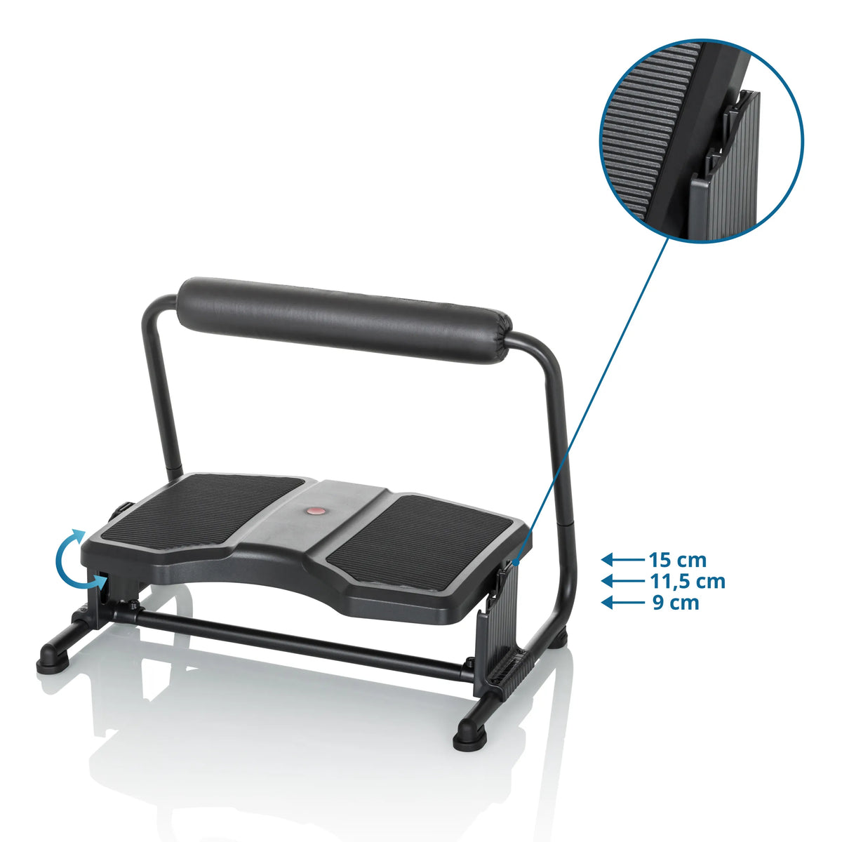 Ajuste de altura en tres niveles de 9 cm, 11,5 cm y 15 cm para el Reposapiés PODI F de hjh OFFICE