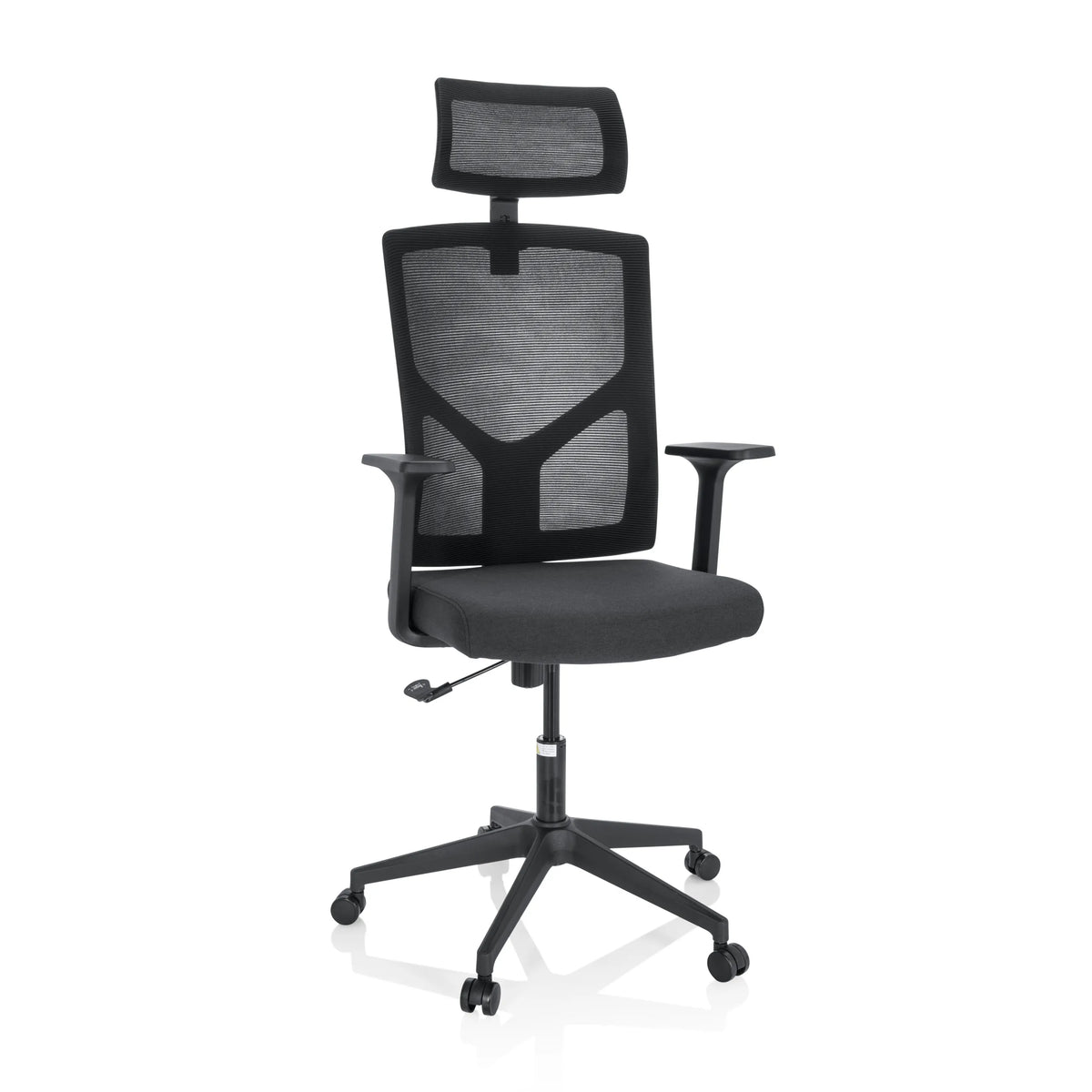 Silla Home Office BRETON B negra con respaldo de malla, reposacabezas y base de cinco ruedas de hjh OFFICE – vista de 360° (vista frontal 20°)