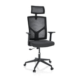 Silla Home Office BRETON B negra con respaldo de malla, reposacabezas y base de cinco ruedas de hjh OFFICE – vista de 360° (vista frontal 20°)
