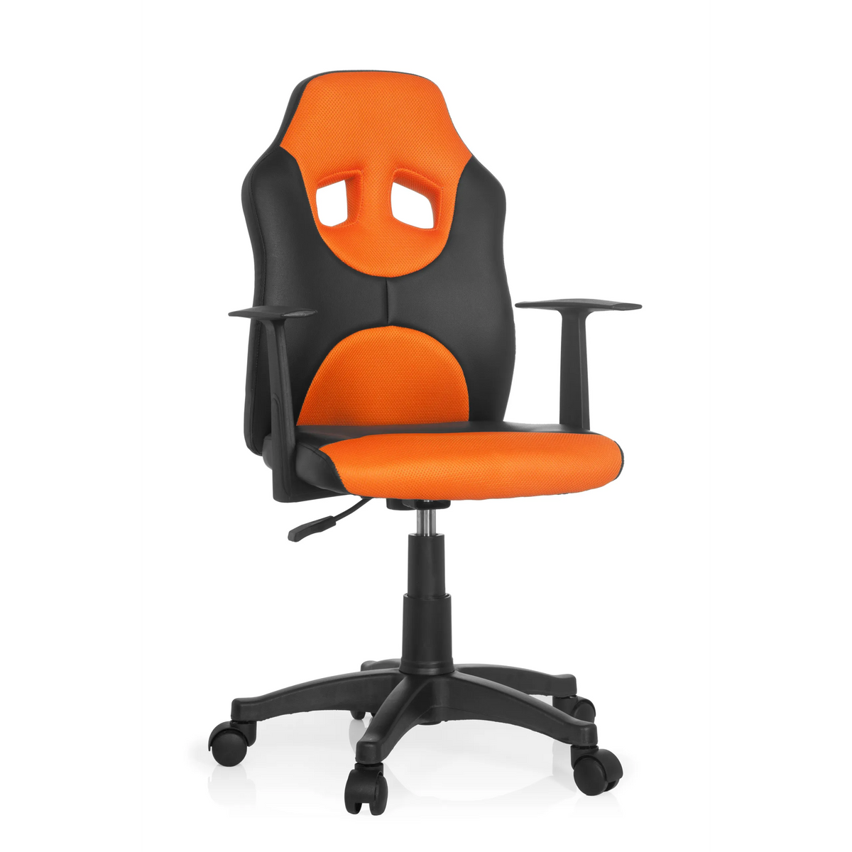 Silla giratoria para niños KID GAME AL en color negro y naranja con respaldo de malla y base de cinco ruedas de hjh OFFICE – vista de 360° (vista frontal 20°)