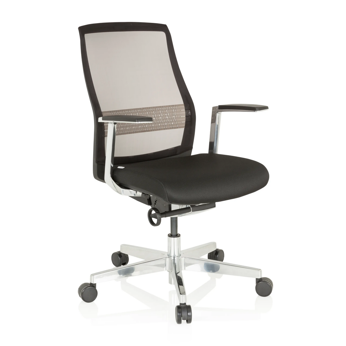 Silla alta gama FOUNTAINE PRO negra con respaldo de malla y base de cinco ruedas de hjh OFFICE – vista de 360° (vista frontal en diagonal 40°)