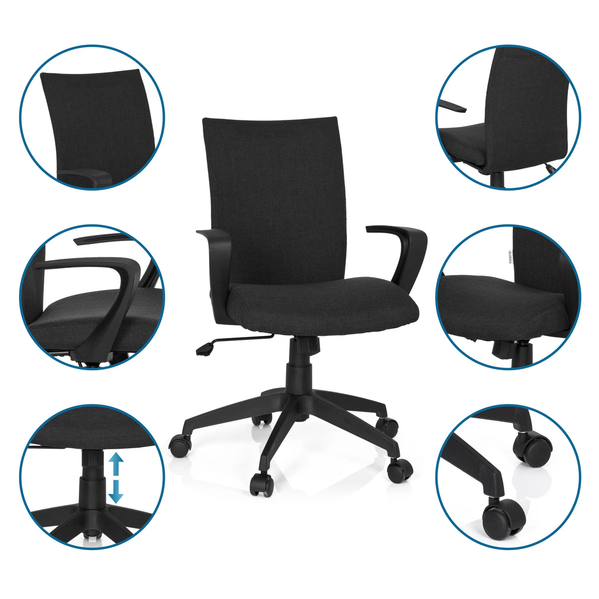 Silla Home Office SOFT en negro con vistas detalladas del reposabrazos, el pistón de gas y las ruedas de hjh OFFICE