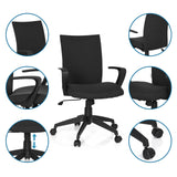 Silla Home Office SOFT en negro con vistas detalladas del reposabrazos, el pistón de gas y las ruedas de hjh OFFICE