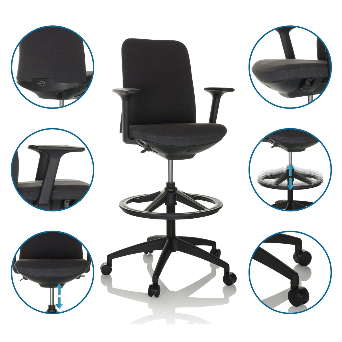 Silla de mostrador NESTORA WORK negra con reposapiés, reposabrazos y ruedas de hjh OFFICE