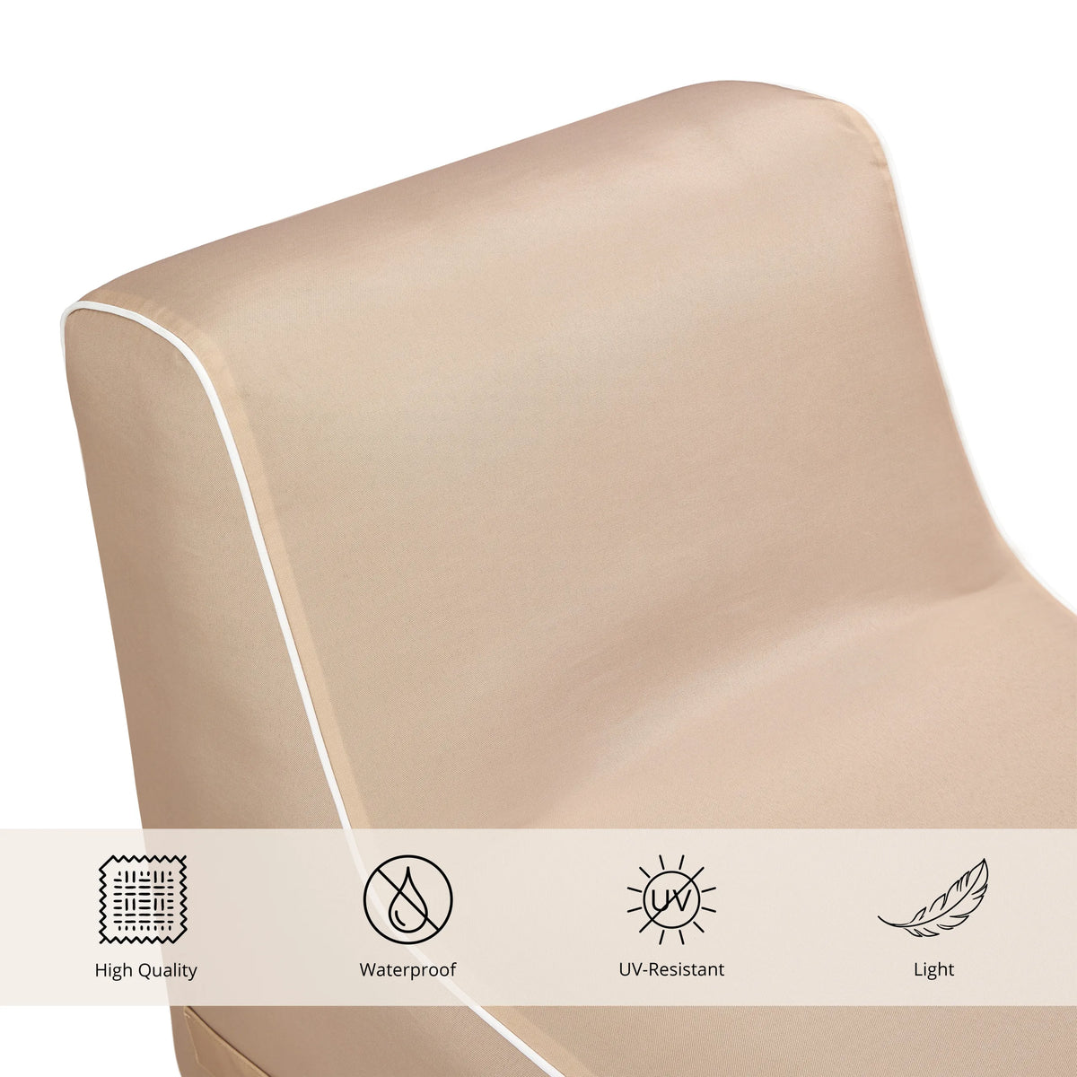 Detalle del material beige del Sofá Hinchable Sitzolo Air con símbolos de resistencia al agua y a los rayos UV de hjh LIVING