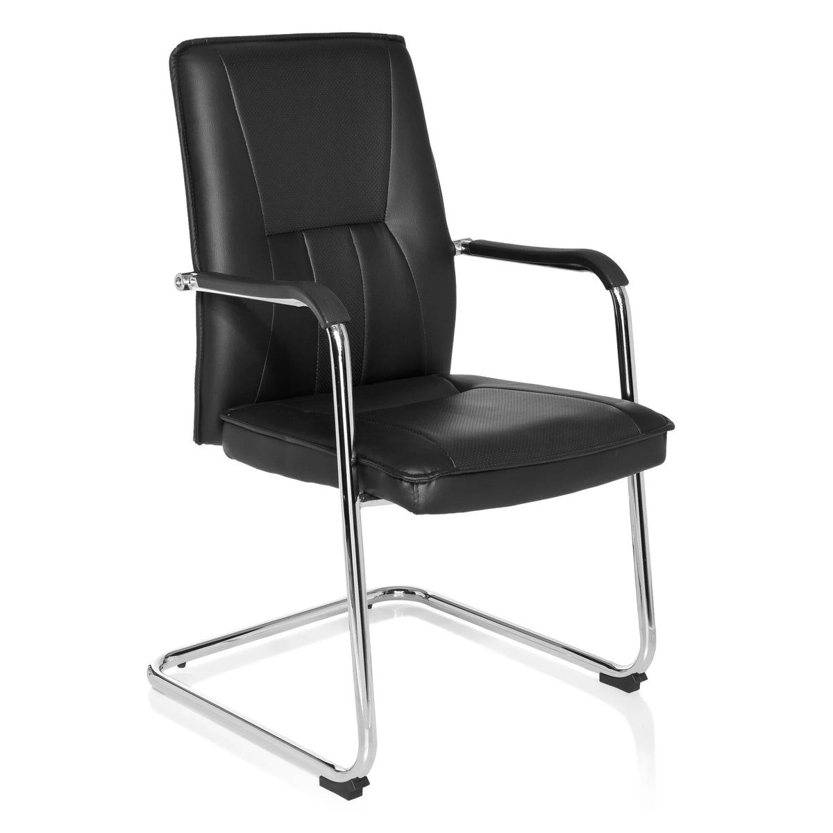 Silla viga voladiza TILA negra con reposabrazos y estructura cromada de hjh OFFICE – vista de 360° (vista frontal en diagonal 40°)