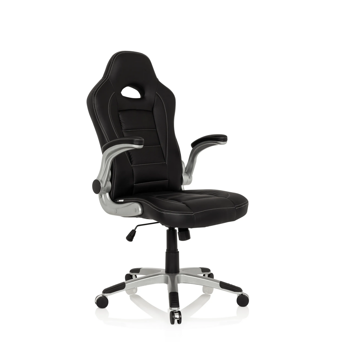 Silla gaming negra GAME SPORT con reposacabezas, reposabrazos y base plateada de cinco ruedas de hjh OFFICE – vista de 360° (vista frontal 20°)
