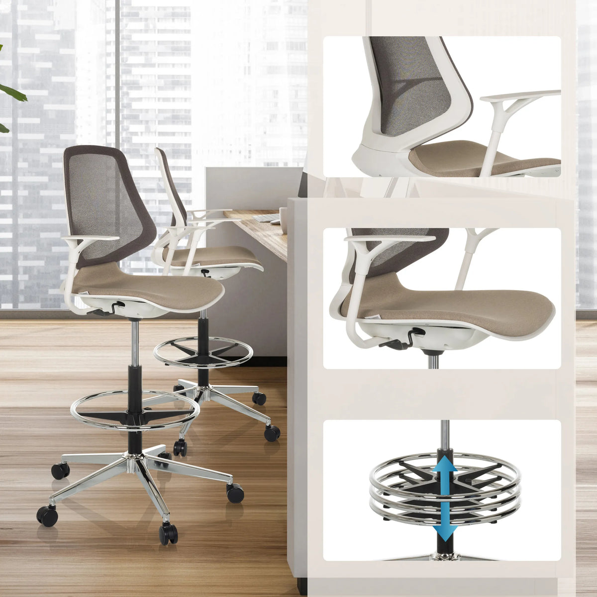 Reposapiés y asiento de la silla de mostrador TOP WORK STYLE en beige de hjh OFFICE