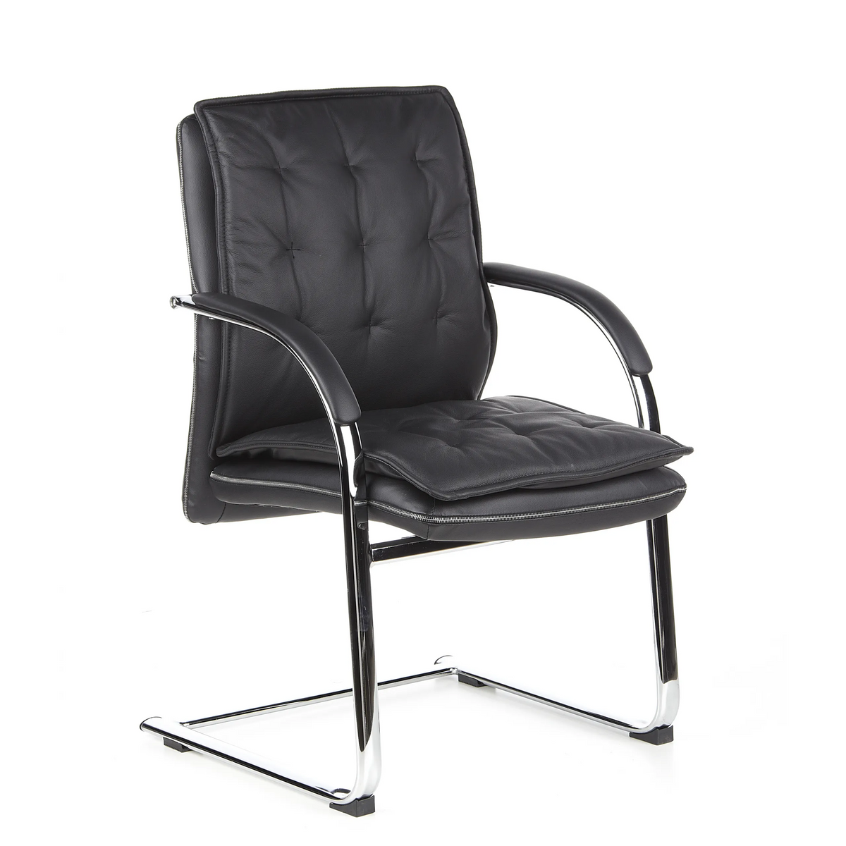 Silla viga voladiza VILLA V negra con tapizado acolchado y reposabrazos de hjh OFFICE – vista de 360° (vista frontal en diagonal 40°)