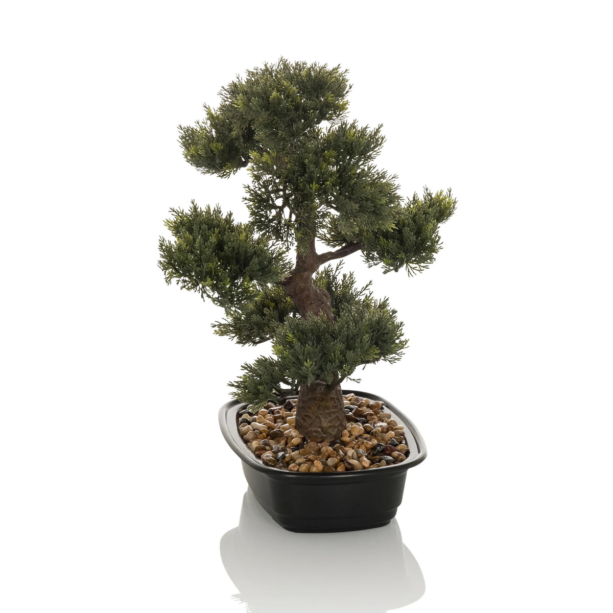 Planta artificial verde BONSAI en forma de bonsái en una maceta negra con guijarros de hjh OFFICE – vista de 360° (vista frontal 0°)