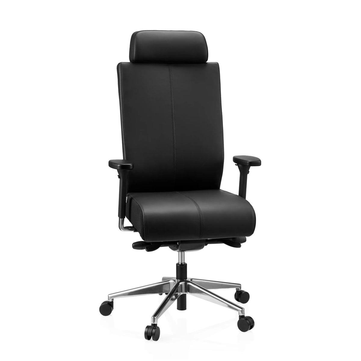 Silla de oficina profesional PRO-TEC XXL negra de cuero con reposacabezas y base de cinco ruedas de hjh OFFICE – vista de 360° (vista frontal 15°)