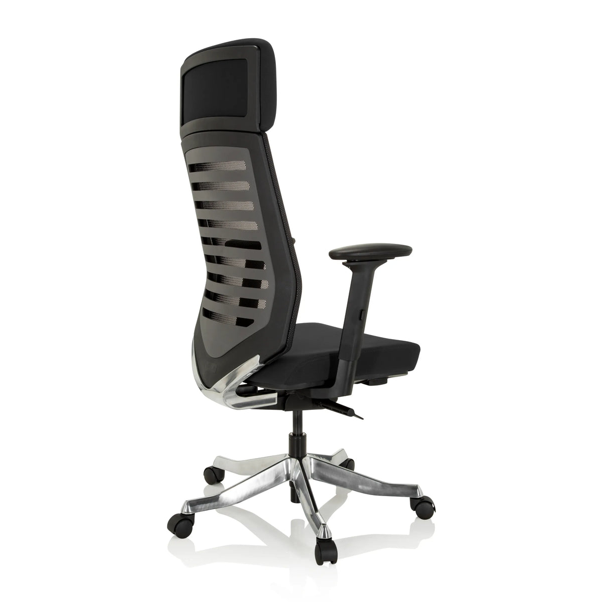 Silla de oficina profesional ASGON negra con respaldo de malla y base de cinco ruedas de hjh OFFICE – vista de 360° (vista trasera en diagonal 120°)