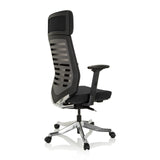 Silla de oficina profesional ASGON negra con respaldo de malla y base de cinco ruedas de hjh OFFICE – vista de 360° (vista trasera en diagonal 120°)