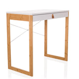 Escritorio blanco TAROLO II con un cajón, tirador de cuero marrón y patas de madera de hjh LIVING – vista de 360° (vista frontal en diagonal 45°)