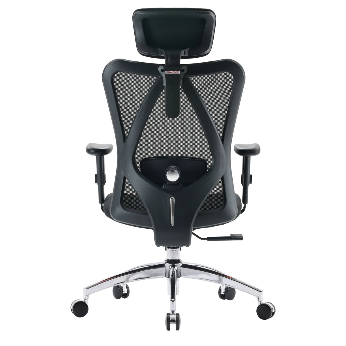 Vista trasera de la silla de oficina profesional M18-M148 en negro con respaldo de malla, reposacabezas y base cromada de Sihoo