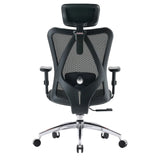 Vista trasera de la silla de oficina profesional M18-M148 en negro con respaldo de malla, reposacabezas y base cromada de Sihoo