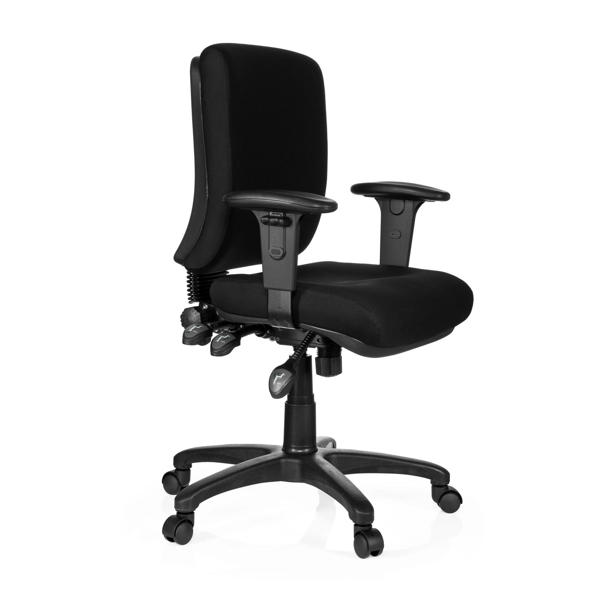 Silla de oficina profesional ZENIT BASE negra con reposabrazos y base de cinco ruedas de hjh OFFICE – vista de 360° (vista frontal en diagonal 60°)