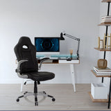 Silla gaming negra GAME SPORT con reposabrazos y ruedas en un escritorio de hjh OFFICE
