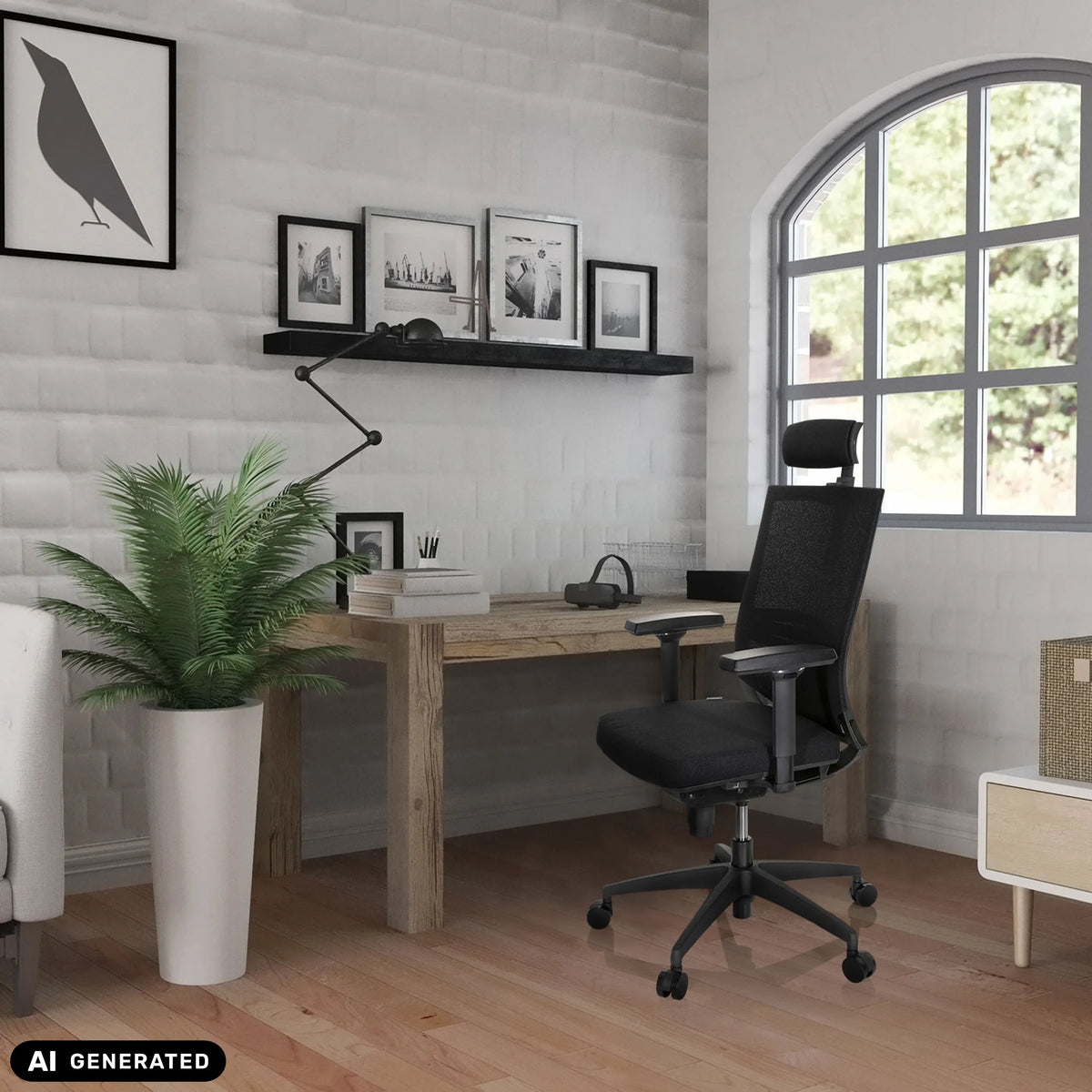 Silla de oficina profesional PORTO MAX HIGH I negra en una mesa de madera en una oficina en casa de hjh OFFICE (imagen generada por IA)
