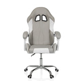 Silla gaming GAMEBREAKER W03 en color gris y blanco con dos aberturas para reposacabezas y base de cinco ruedas de MyBuero – vista de 360° (vista frontal 0°)