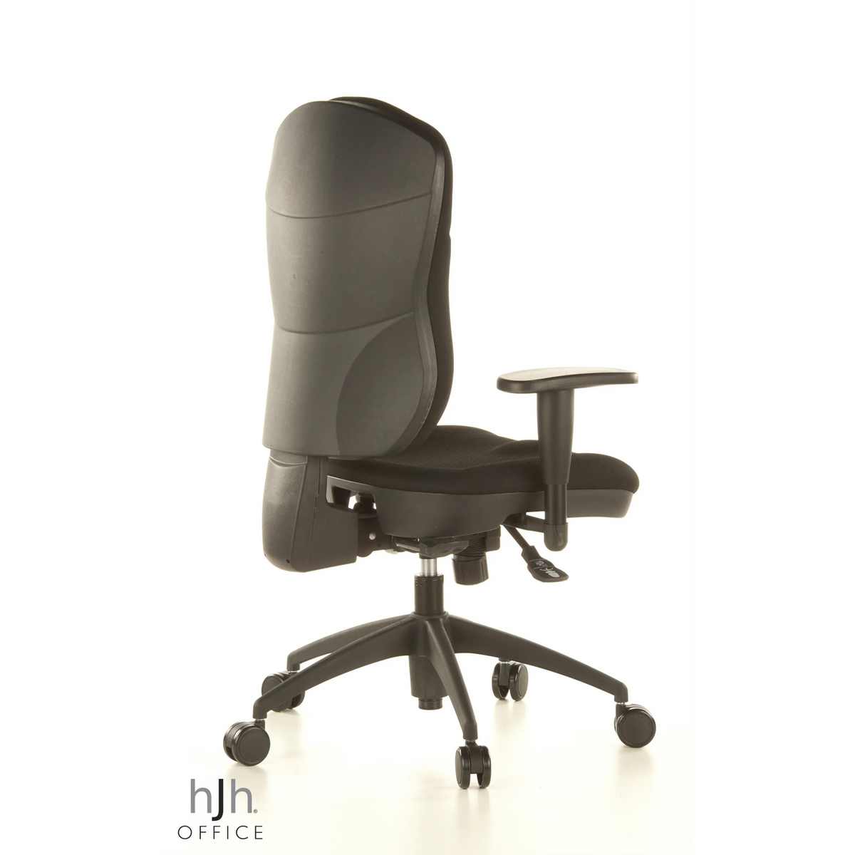 Silla de oficina profesional WELLPOINT 30 K2 negra con reposabrazos y base de cinco ruedas de Topstar – vista de 360° (vista trasera en diagonal 120°)